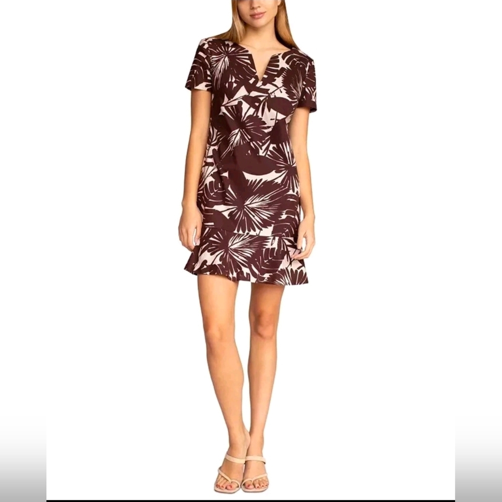 Trina Turk Brown Cream Abstract Print Mini Dress Size 6 V-Neck Designer